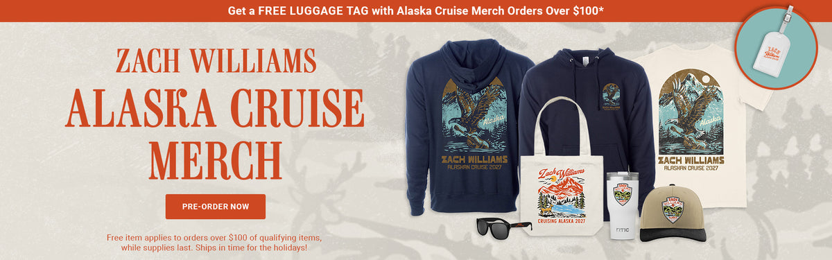 Zach Williams Alaska Cruise Merch. Pre-order Now. Get A Free luggage tag with Alaska Cruise Merch Orders Over $100*. Free Item applies to orders over $100 of qualifying items, while supplies last. Ships in time for the holidays!