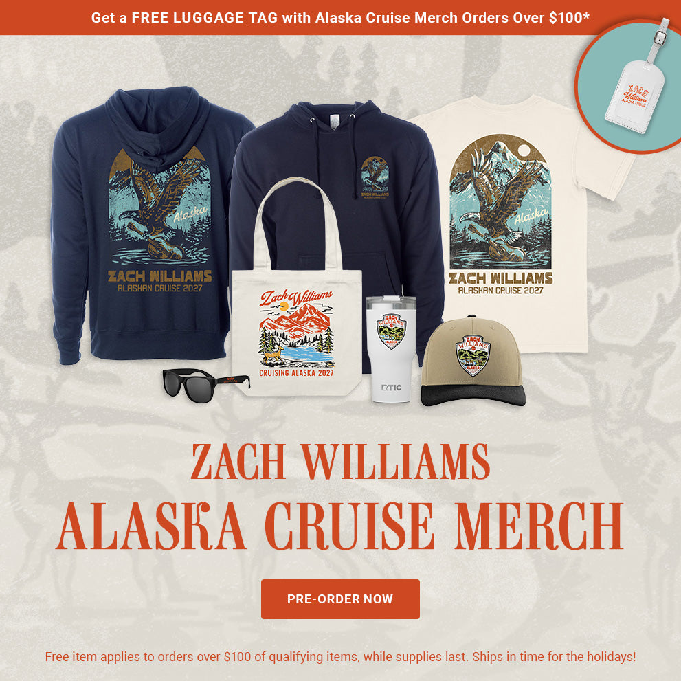 Zach Williams Alaska Cruise Merch. Pre-order Now. Get A Free luggage tag with Alaska Cruise Merch Orders Over $100*. Free Item applies to orders over $100 of qualifying items, while supplies last. Ships in time for the holidays!